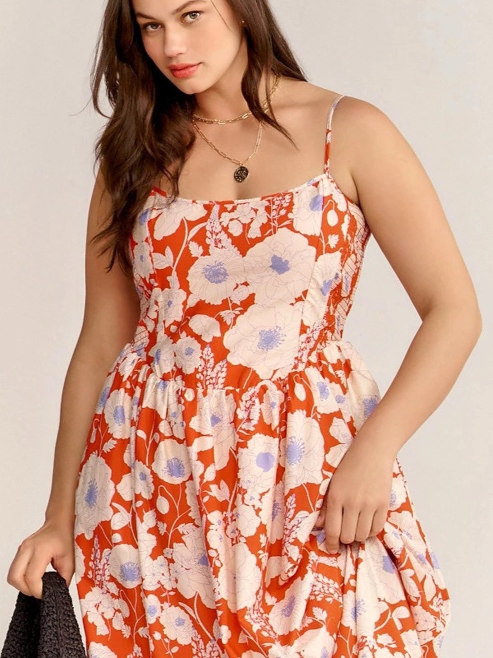 Anthropologie Maeve Floral Square-Neck Drop-Waist Midi Dress in Orange & Lilac